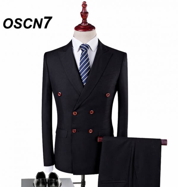 OSCN7 Double Breasted Suit Men 3 Piece Suits Black