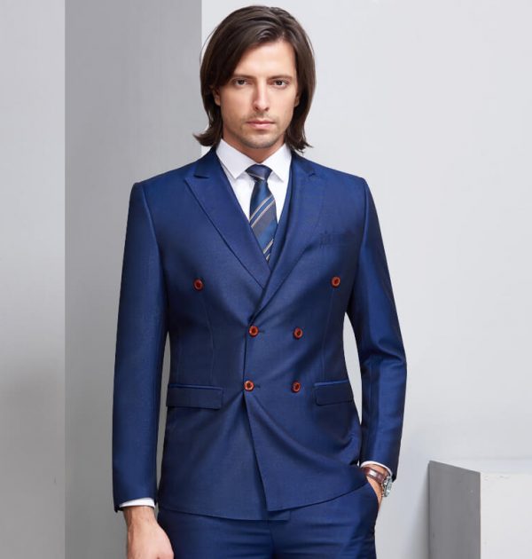 OSCN7 Double Breasted Suit Men 3 Piece Suits Blue Suit Vest Pants