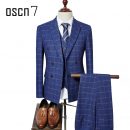 OSCN7 3 Pcs Plaid Suits Double Breasted Navy Blue