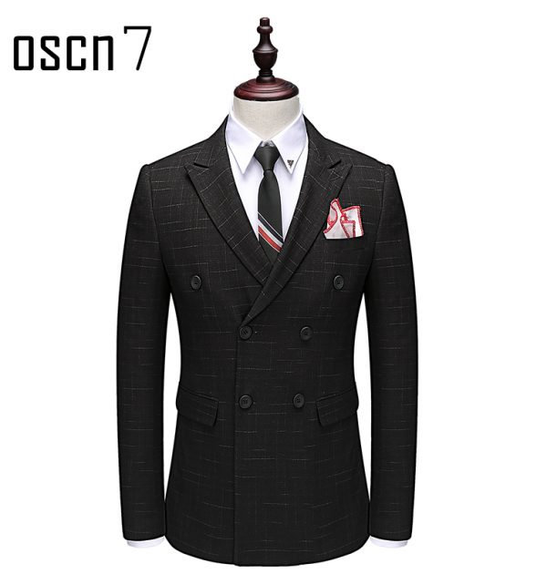 OSCN7 Double Breasted Suit Men Slim Fit Leisure Office Formal Black