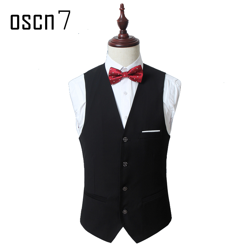 OSCN7 Solid Mens Vest Suit Slim Fit Business Formal Colete Masculino Black