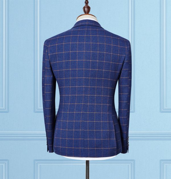 OSCN7 3 Pcs Plaid Suits Double Breasted Navy Blue Back