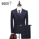 OSCN7 Double Breasted 3 Piece Suit Men Striped Gray