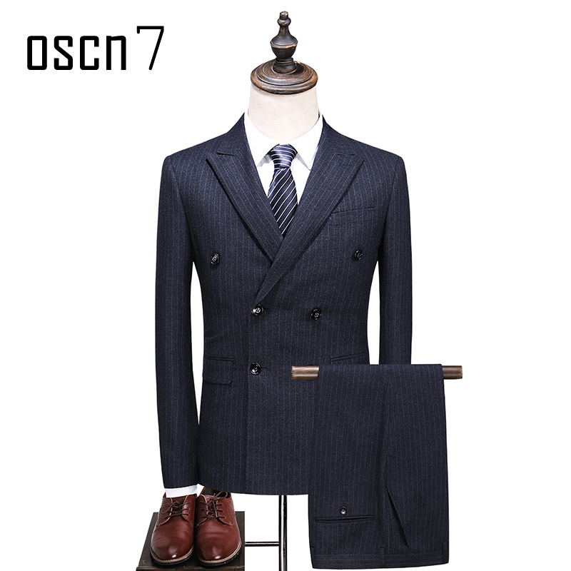 OSCN7 Double Breasted 3 Piece Suit Men Striped Gray