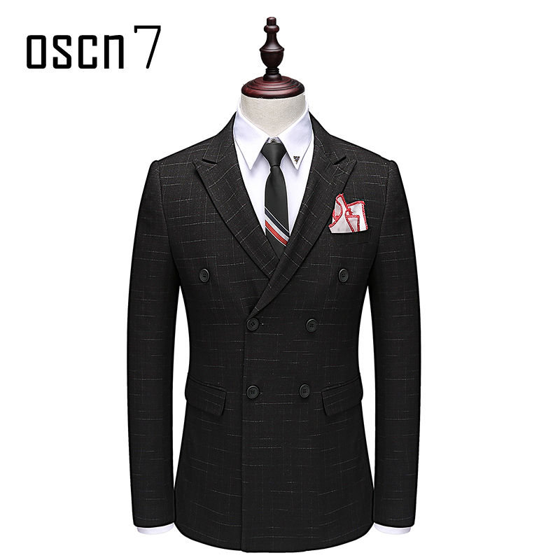 OSCN7 Double Breasted Suit Men Slim Fit Leisure Office Formal Black